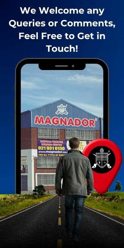 Phone screen showing the Magnador building with a location pin icon and a person walking toward it