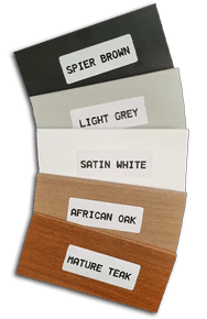 Timber shutter colour swatches: brown, grey, white, oak, teak
