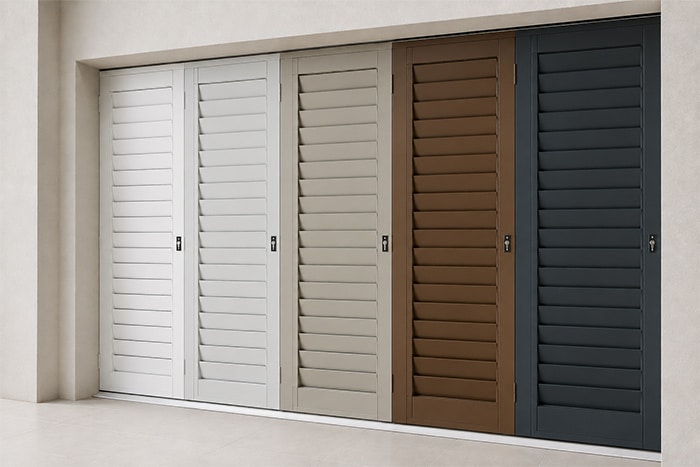 Shutterstyle gate colour options: white, grey, brown, charcoal